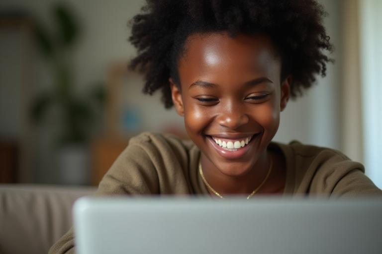 Smiling student using a laptop for online English class